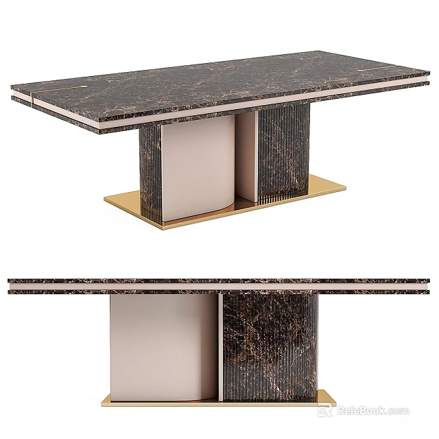 Elegant Dark Marble Dining Table With Double Pedestal And Gold Base 3d model