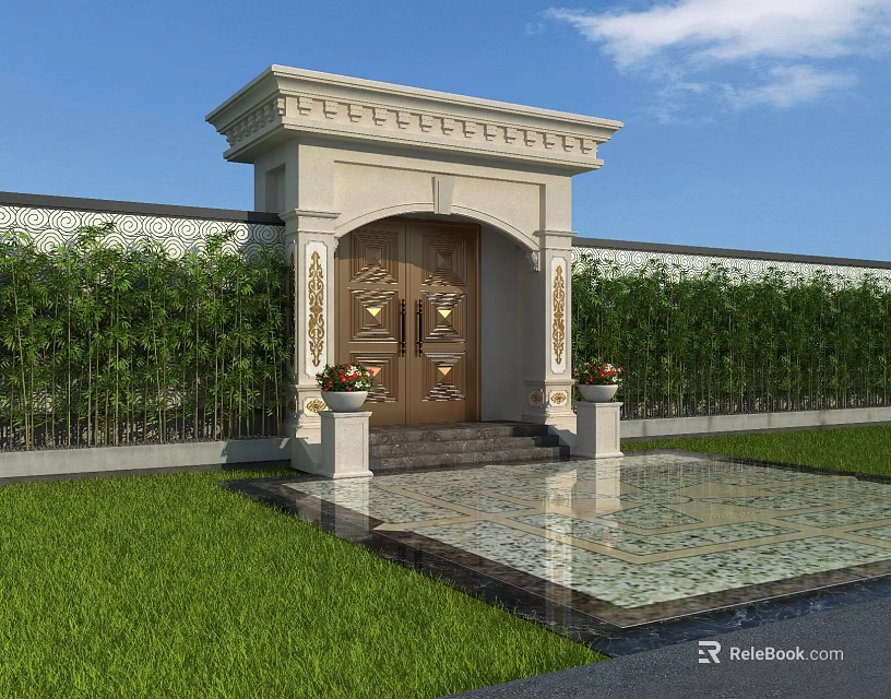 Luxurious Carved Entrance Gate With Stone Pillars Flower Pots And Green Hedge Wall 3d model 
