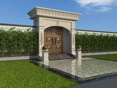 Luxurious Carved Entrance Gate With Stone Pillars Flower Pots And Green Hedge Wall 3d model