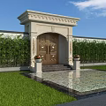 Luxurious Carved Entrance Gate With Stone Pillars Flower Pots And Green Hedge Wall