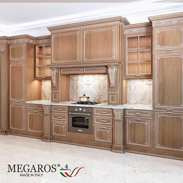 Classic Wooden Kitchen Cabinets With Carved Details Marble Countertops And Glass Door Storage 3d model 