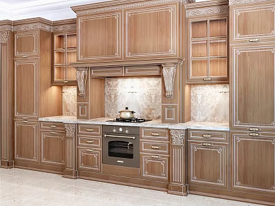 Classic Wooden Kitchen Cabinets With Carved Details Marble Countertops And Glass Door Storage 3d model