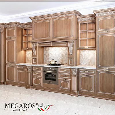 Classic Wooden Kitchen Cabinets With Carved Details Marble Countertops And Glass Door Storage 3d model