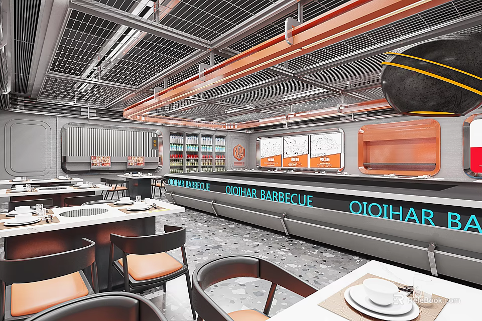 Korean Barbecue Restaurant Modern Interior Design With Dining Tables Chairs And Open Counter 3d model 