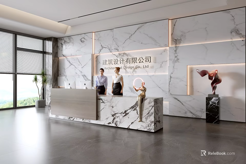 Modern Reception Desk Interior Design With Marble Counter Staff And Company Logo Wall 3d model 