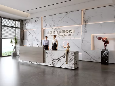 Modern Reception Desk Interior Design With Marble Counter Staff And Company Logo Wall 3d model
