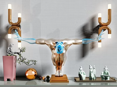 Tech Exhibition Hall Featuring Modern Sculpture With Blue Luminous Elements And Golden U Shaped Lamps 3d model