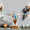 Tech Exhibition Hall Featuring Modern Sculpture With Blue Luminous Elements And Golden U Shaped Lamps