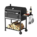Outdoor Black Grill with Burgers Sausages and Bread Wine Bottle Firewood and Cooking Utensils