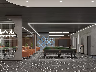 Modern Billiard Room With Pool Tables Orange Sofas And Geometric Floor 3d model