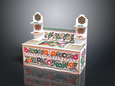 Traditional Handcrafted Vanity With Intricate Floral Patterns And Colorful Side Shelves 3d model
