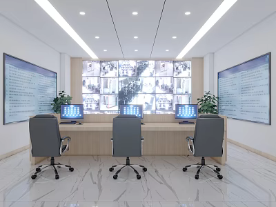 Security Monitoring Room Interior With Multiple Monitor Screens Control Desk And Office Chairs 3d model