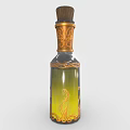 Three Decorative Glass Bottles With Red Blue Yellow Liquids Gold Patterns And Wooden Stoppers