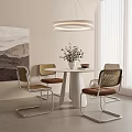 Modern Dining Table Set With Round Table Metal Frame Chairs Woven Backrest And Pendant Light 3d model