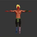Shirtless Muscular Man With Red And Blue Arm Guards Arms Outstretched In Black Pants