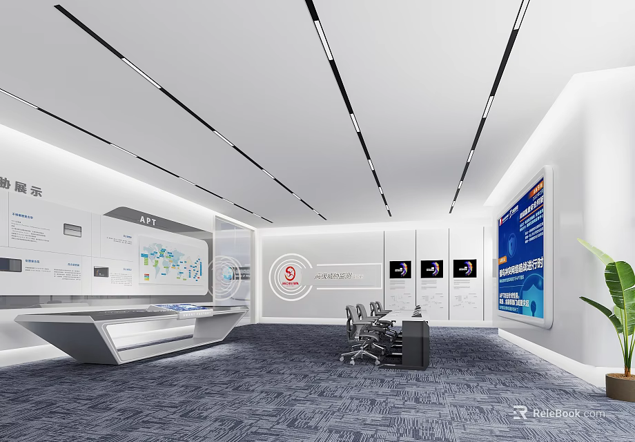 Modern Exhibition Hall Interior Design With Display Walls Screens Seating And Lighting 3d model 