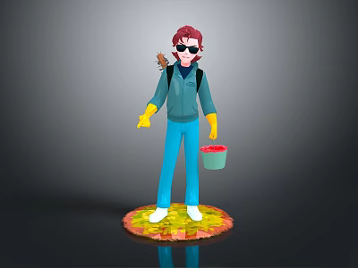 Game Movie Character With Red Hair Sunglasses Blue Jacket Yellow Gloves Backpack And Red Bucket 3d model
