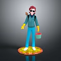 Game Movie Character With Red Hair Sunglasses Blue Jacket Yellow Gloves Backpack And Red Bucket