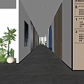 Modern Office Corridor With Gray Polished Floor Wooden Doors Glass Partitions And Green Plants