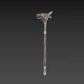 Long Handle Ornate Weapon With Metallic Bull Head Design And Gold Accents