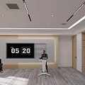 Modern Meeting Room With Rows Of Chairs Podium Digital Display And Green Curtains