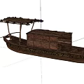 Traditional Wooden Boat Moored by Riverside with Stone Wall and Colorful Canopies