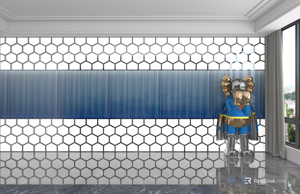 Modern Interior Background Wall With Hexagon Pattern Blue Vertical Stripes And Golden Blue Statue 3d model