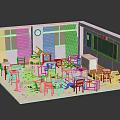 Detailed Arranged Classroom Interior With Desks Chairs Blackboard Clock And Windows
