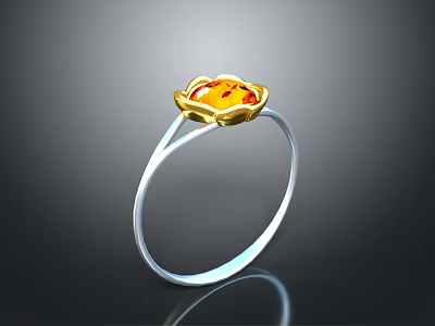 Elegant Silver Ring Featuring Gold Flower Shaped Design And Orange Gemstone 3d model