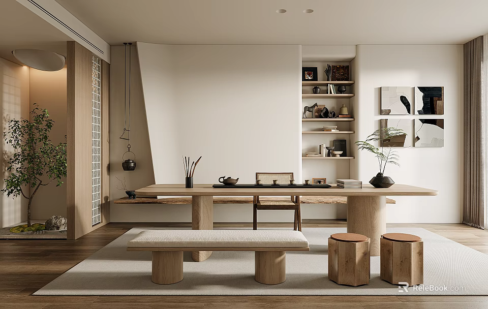 Minimalist Tea Room Interior With Long Wooden Table Benches And Green Plant 3d model 