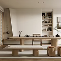 Minimalist Tea Room Interior With Long Wooden Table Benches And Green Plant