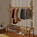 Bedroom Interior With Golden Clothes Rack Hanging Coats Storage Rack Folded Clothes And Plush Toy