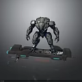 Mechanical Biomechanical Character With Intricate Metallic Armor Standing On Platform Featuring Blue Lights