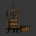 Wooden Press Equipment With Large Barrel Red Liquid And Small Barrel