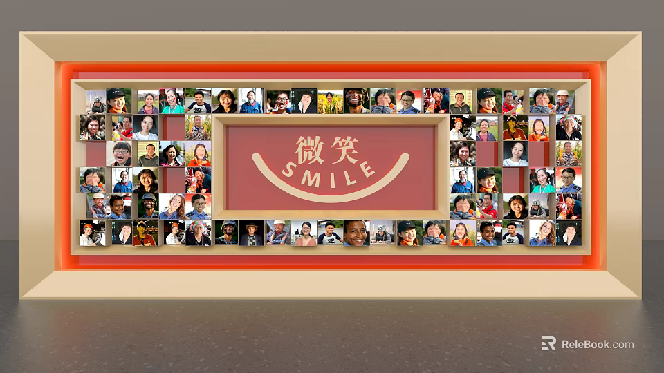 Collage of People's Smile Photos on Display Wall with Smile Sign 3d model 