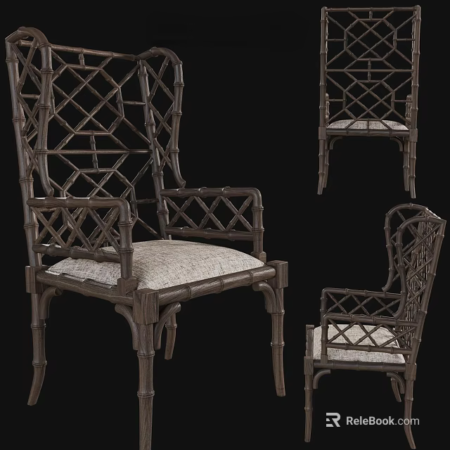 Classic Accent Chair With Intricate Rattan Design Wooden Frame And Upholstered Seat 3d model 