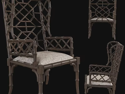 Classic Accent Chair With Intricate Rattan Design Wooden Frame And Upholstered Seat 3d model