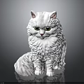 White Long Haired Cat Statue With Green Eyes Sitting On Dark Background 3d model