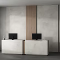 Modern Reception Desk Design With Wooden Center Panel Two Computer Monitors And Concrete Wall