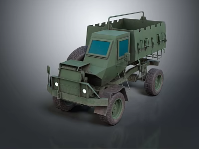 Military Green Truck with Open Cargo Bed Blue Windows Guard Rails and Large Tires 3d model
