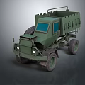 Military Green Truck with Open Cargo Bed Blue Windows Guard Rails and Large Tires