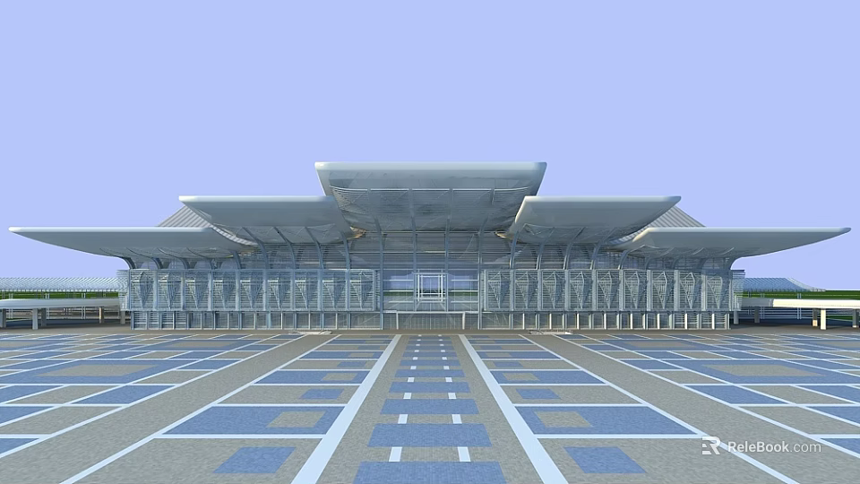 Modern Building with Glass Curtain Walls Roof Design Spacious Front Plaza and Geometric Paved Ground 3d model 