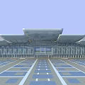 Modern Building with Glass Curtain Walls Roof Design Spacious Front Plaza and Geometric Paved Ground
