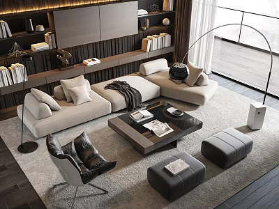 Modern Minimalist Beige Sofa and Black Coffee Table Set with Armchair Ottoman and Bookshelves 3d model