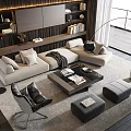 Modern Minimalist Beige Sofa and Black Coffee Table Set with Armchair Ottoman and Bookshelves