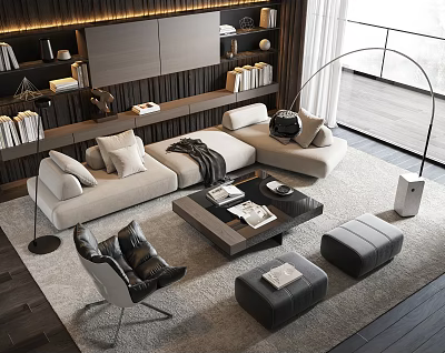 Modern Minimalist Beige Sofa and Black Coffee Table Set with Armchair Ottoman and Bookshelves 3d model