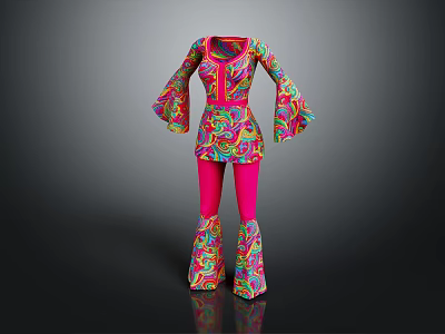 Vibrant Pink Paisley Print Outfit With Bell Sleeves And Flared Pants Design 3d model