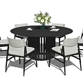 Modern Round Black Dining Table Set With White Chairs And Flower Vase 3d model