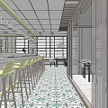 Modern Restaurant Interior With White Pendant Lights Dining Tables Blue Chairs And Green Plants