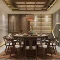 Chinese Style Private Room Interior With Round Dining Table Chairs And Decorative Screen 3d model